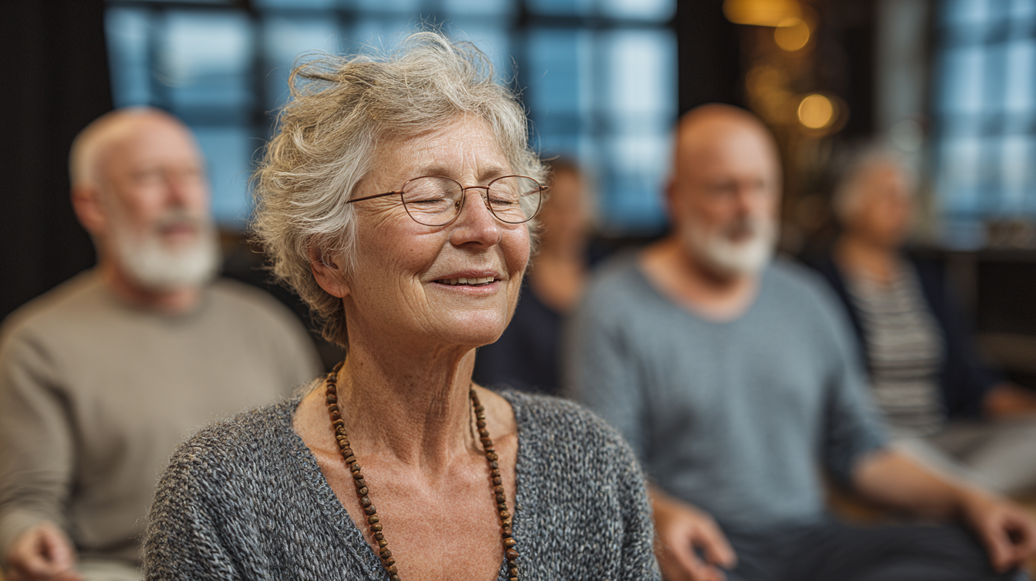 Зряла жена практикува йога на открито в спокойна обстановка